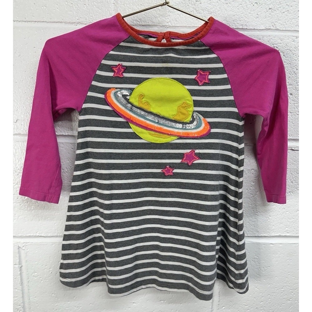 Boden Little Girls Long Sleeve Dress / Pink & Striped Space Design / Size 3-4Y